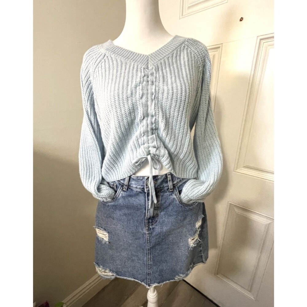 JOLIE & JOY Cropped V Neck Sweater with Drawstring Adjustable Hem Light Blue-S